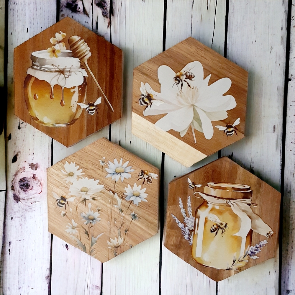 COPY - Honey Bee Crafted Acacia Wood Coaster Set Honey Jar Coasters